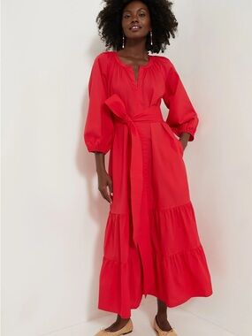 Tuckernuck Bold Red Tiered Midi Dress with Waist Tie